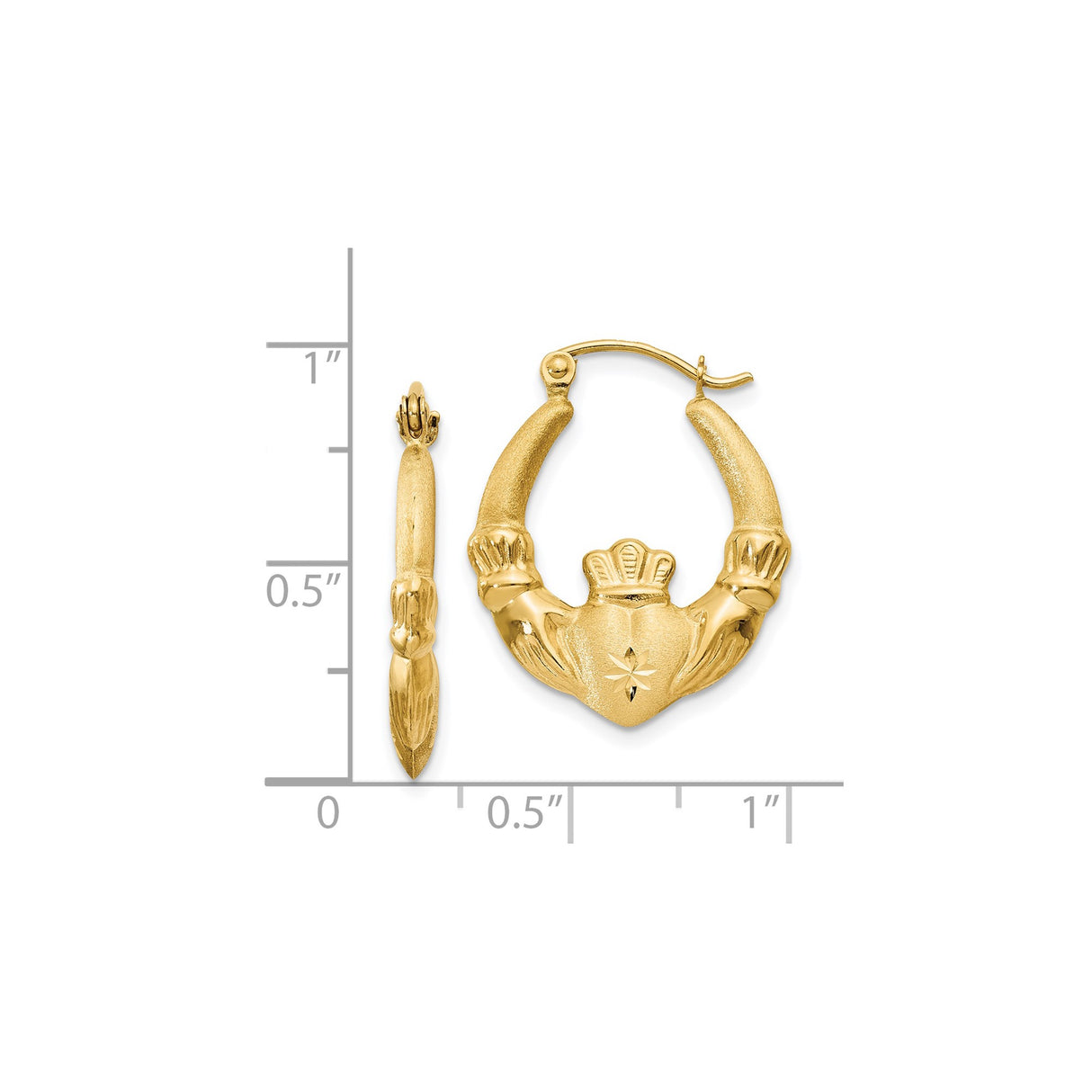 14k Yellow Gold Claddagh Hoop Earrings with Crowned Heart and Hands Symbol for Women