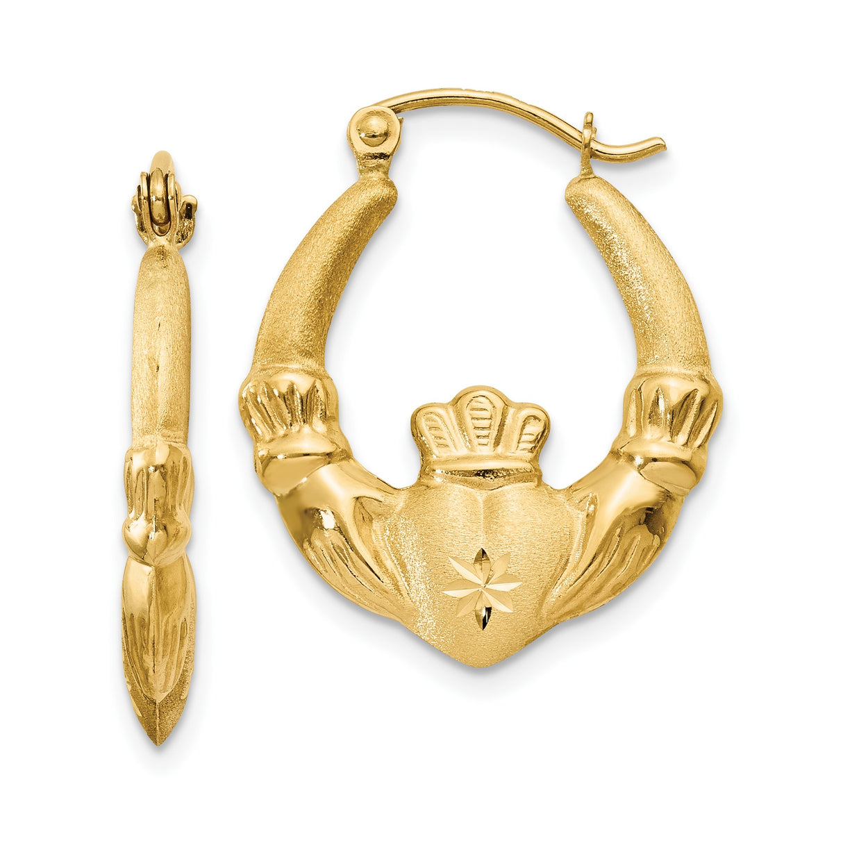 14k Yellow Gold Claddagh Hoop Earrings with Crowned Heart and Hands Symbol for Women