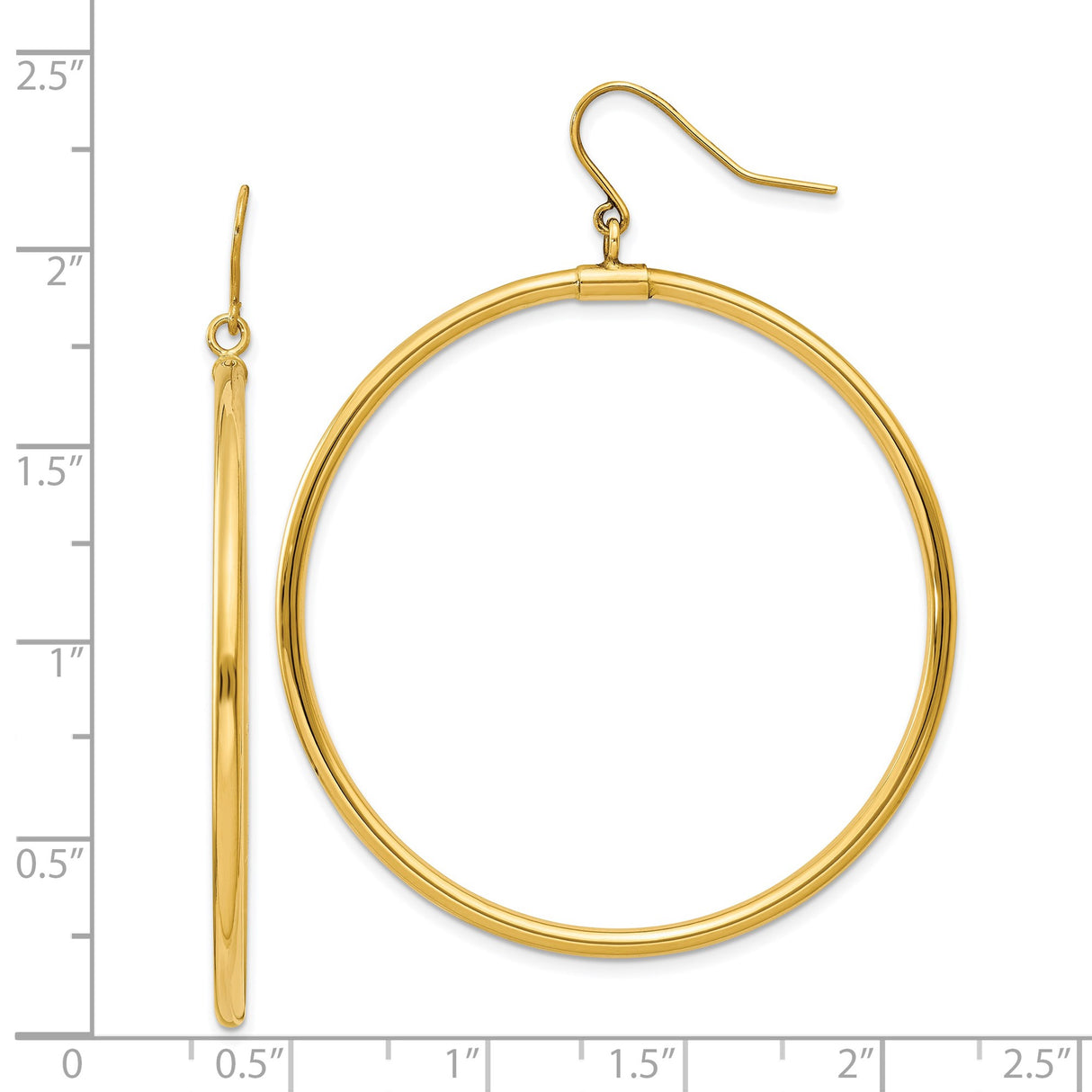 14k Yellow Gold Hoop Earrings, Large Polished Round Dangle, Minimalist Everyday Style