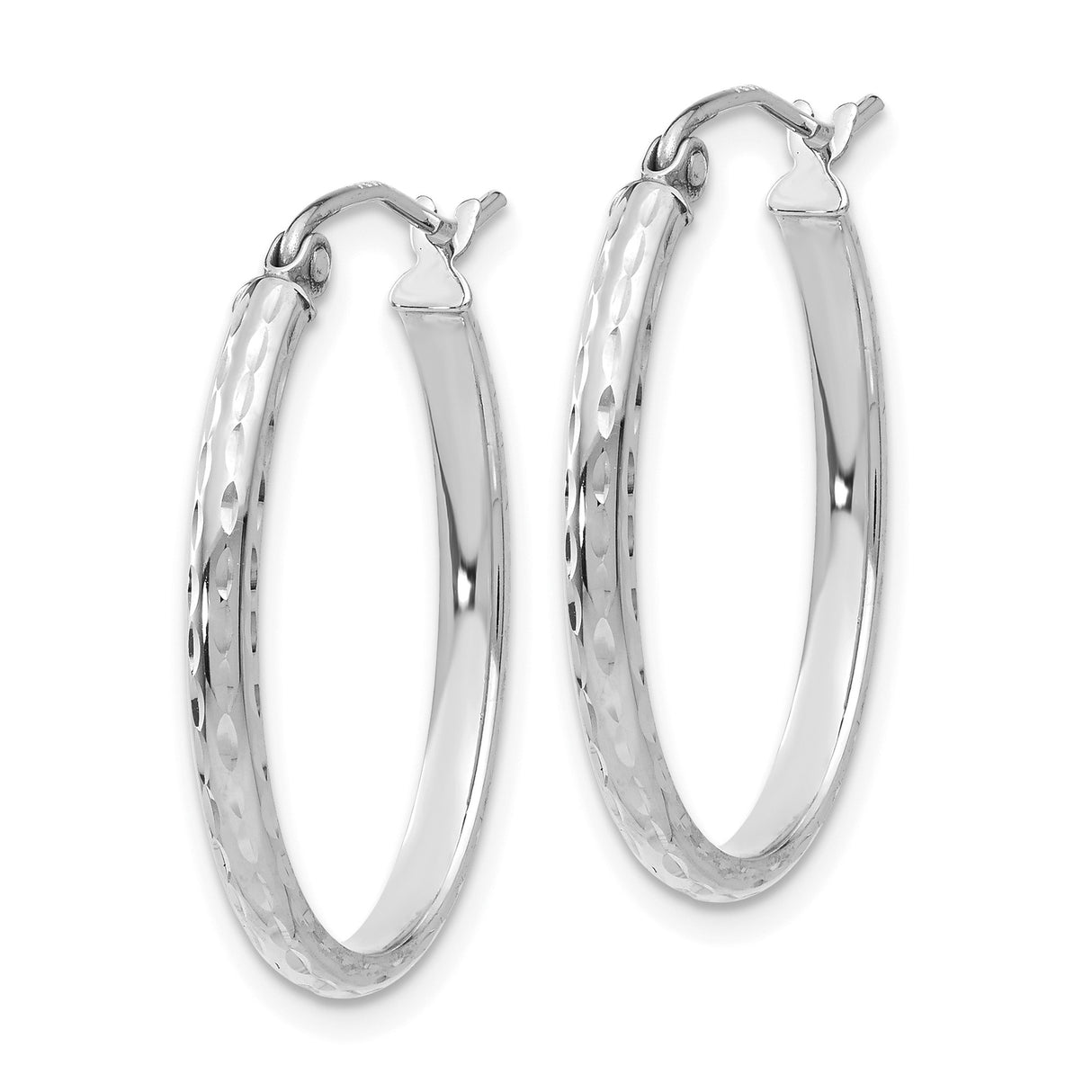 14k White Gold Hoop Earrings, Polished Diamond Cut Textured Round Hoops with Latch Back Closure