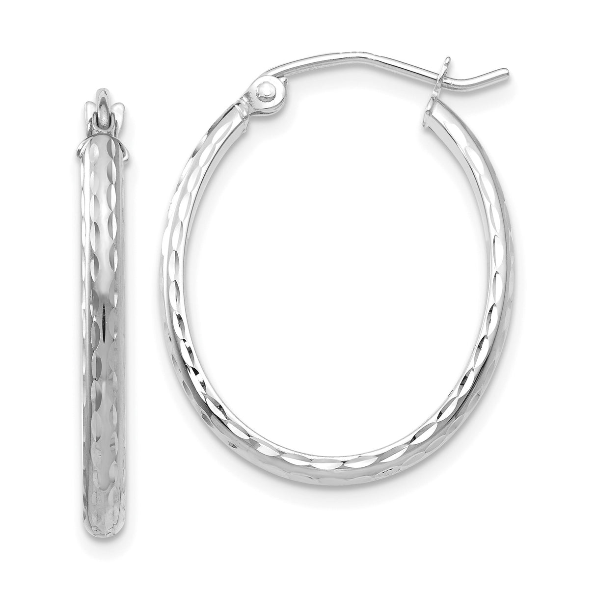 14k White Gold Hoop Earrings, Polished Diamond Cut Textured Round Hoops with Latch Back Closure