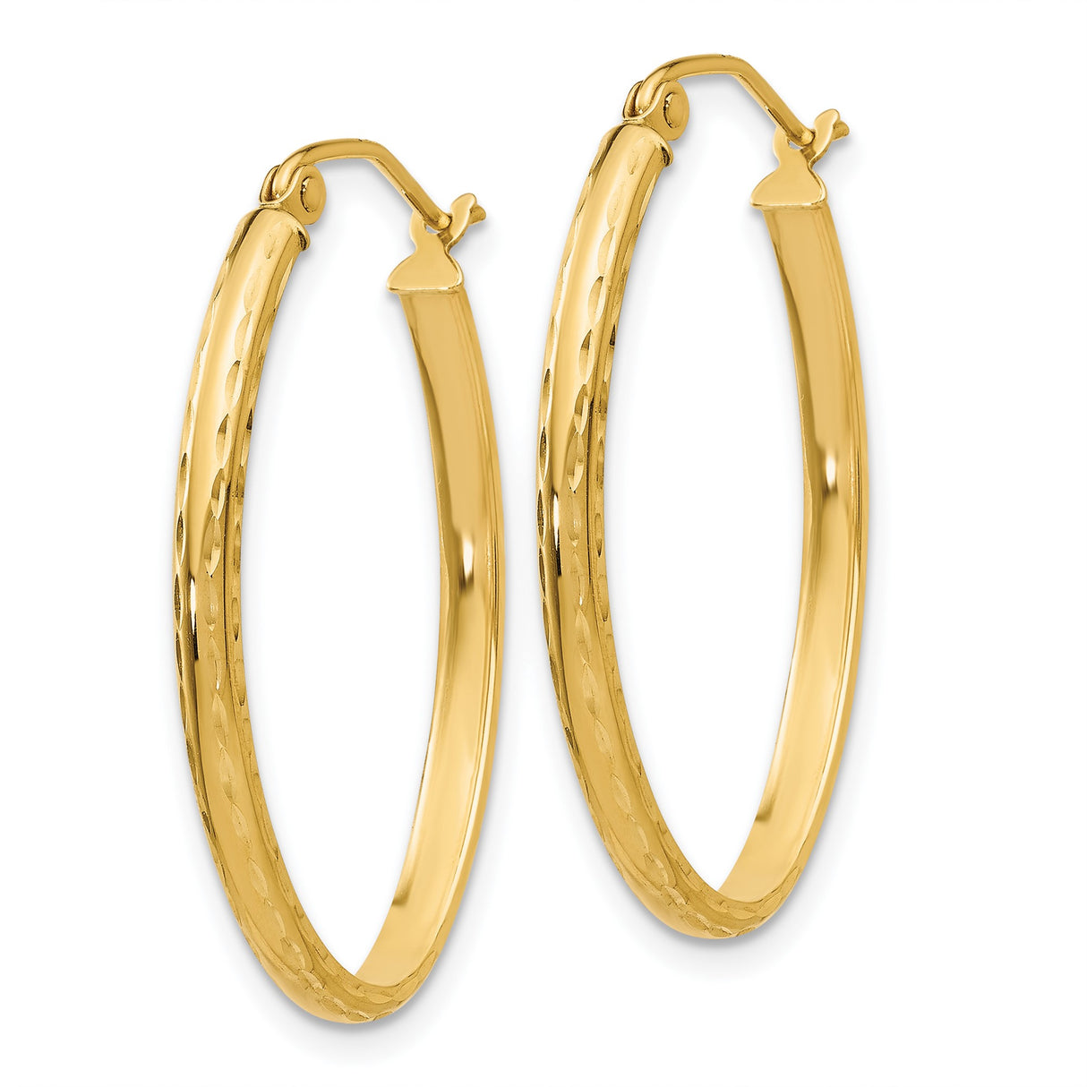 14k Yellow Gold Oval Hoop Earrings with Diamond Cut Textured Finish, Lightweight Design