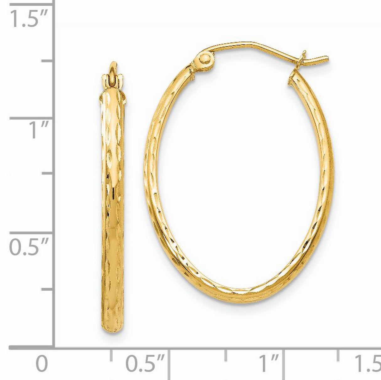 14k Yellow Gold Oval Hoop Earrings with Diamond Cut Textured Finish, Lightweight Design