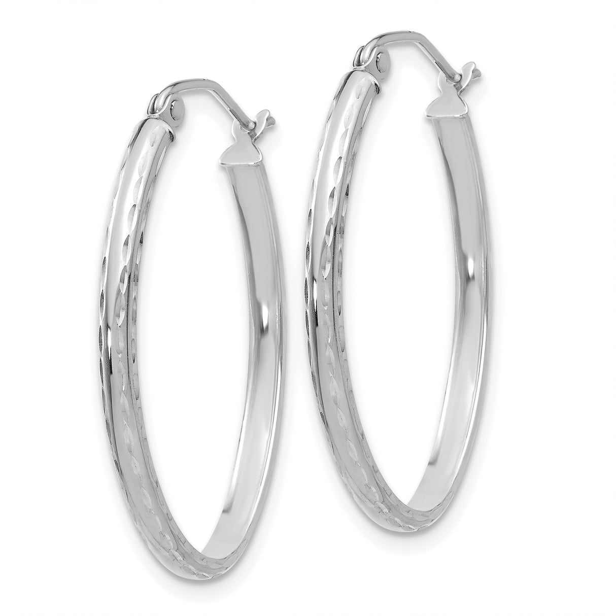 White Gold Hoop Earrings, Diamond Cut Texture, Polished Oval Design, Latch Back Closure