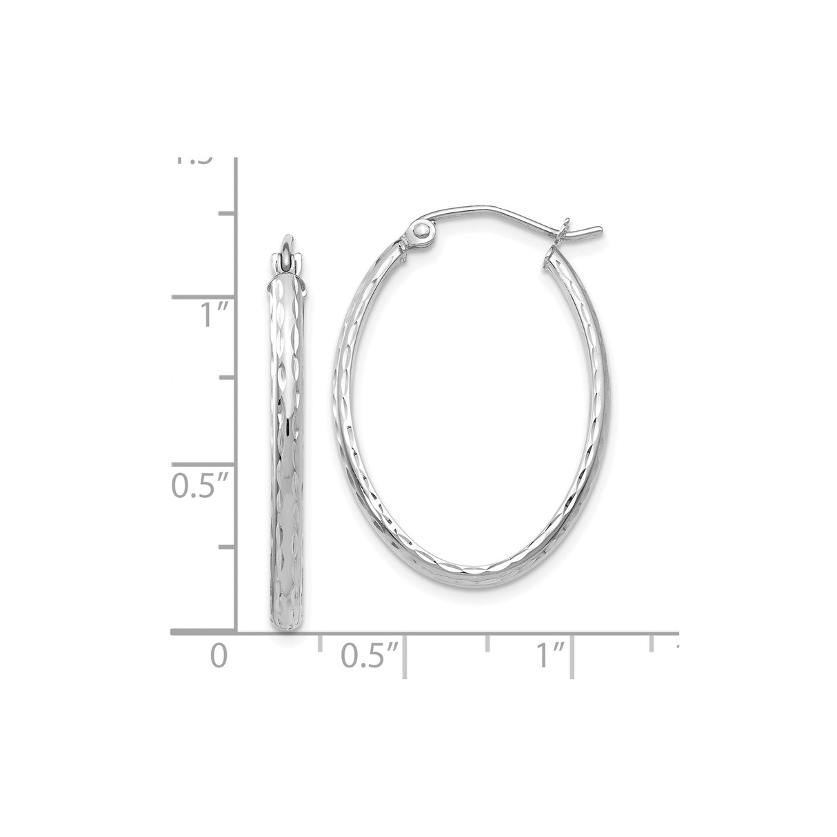 White Gold Hoop Earrings, Diamond Cut Texture, Polished Oval Design, Latch Back Closure