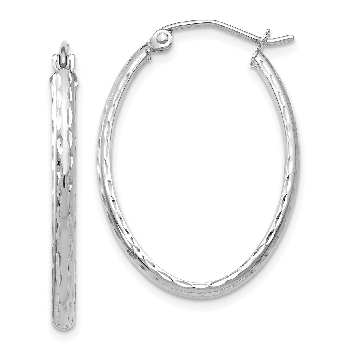 Sterling Silver Hoop Earrings, Diamond Cut Texture, Polished Oval Design, Latch Back Closure