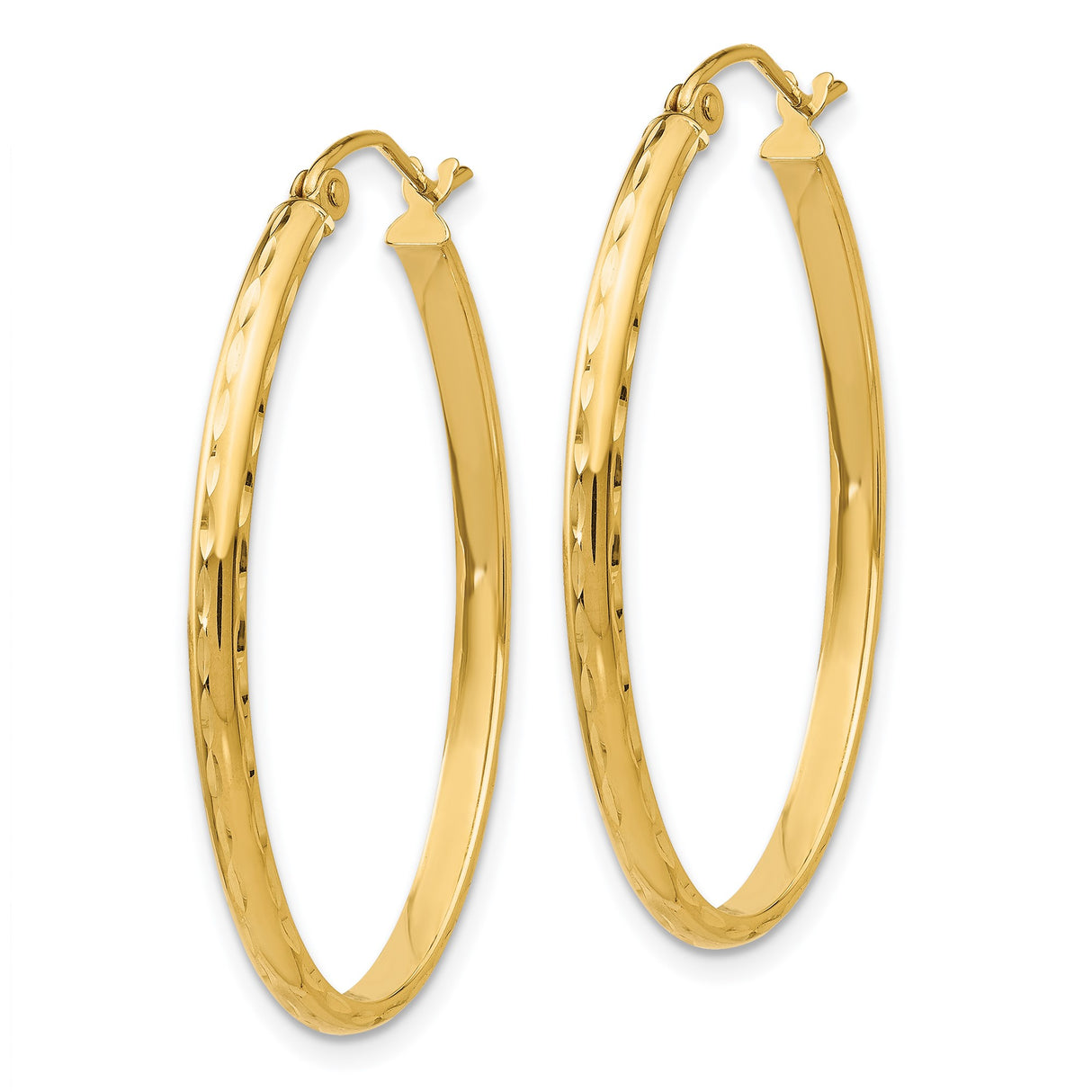 14k Yellow Gold Hoop Earrings with Diamond Cut Texture and Polished Finish, Lightweight Round Hoops