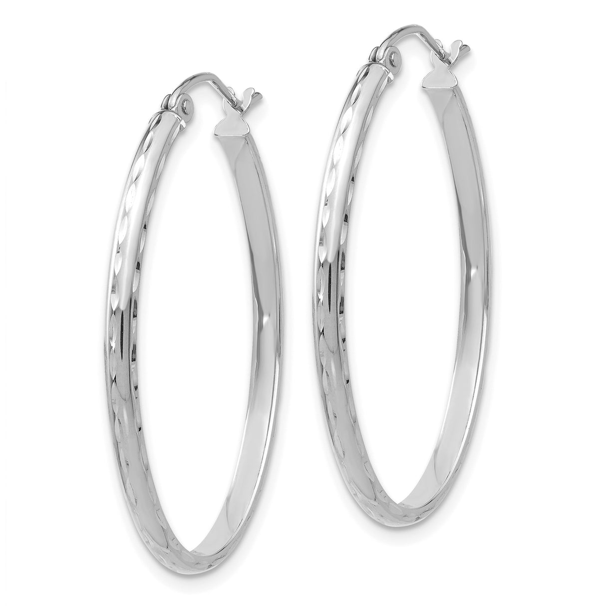 14k White Gold Hoop Earrings, Polished Diamond Cut Round Design, Lightweight and Minimalist Style