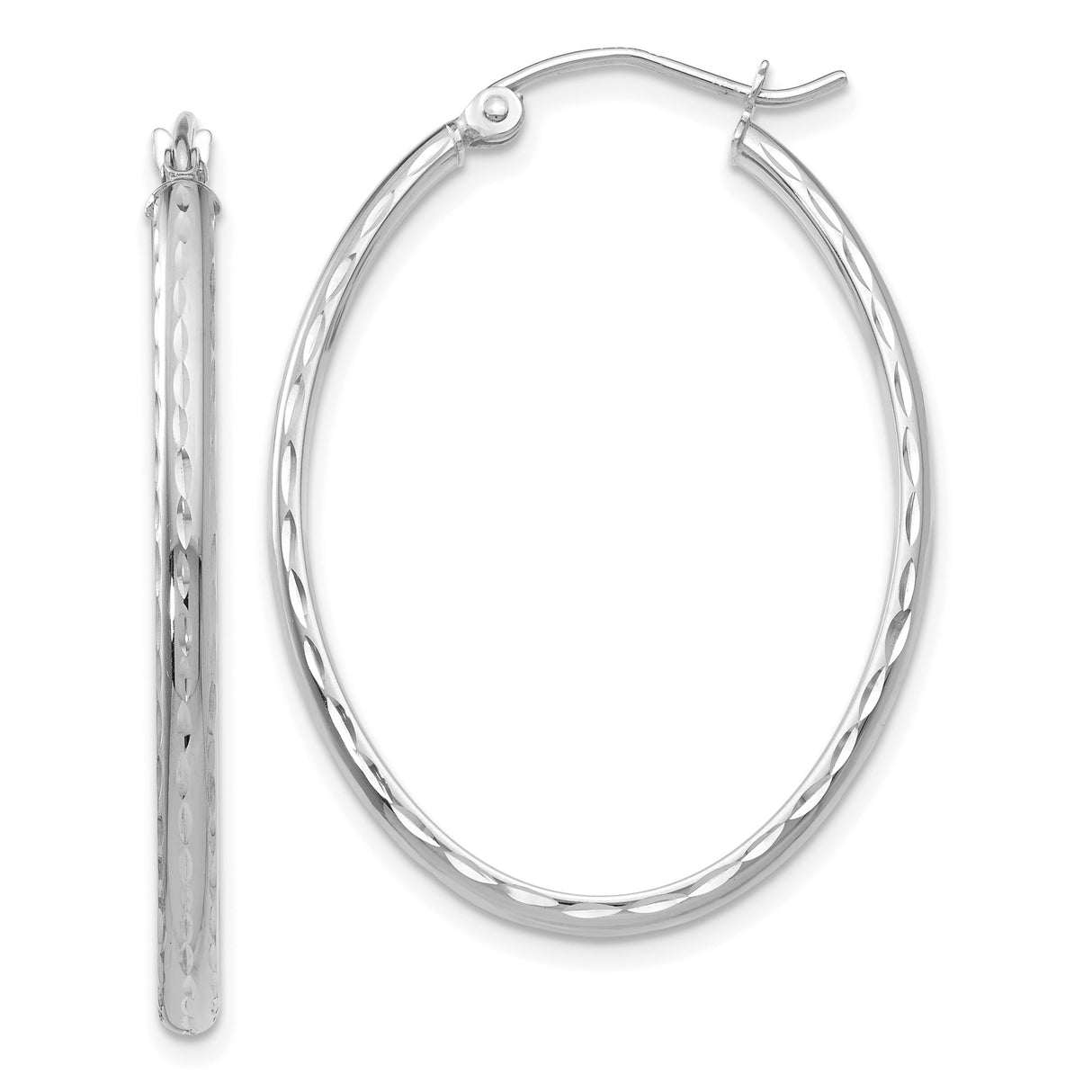 14k White Gold Hoop Earrings, Polished Diamond Cut Round Design, Lightweight and Minimalist Style