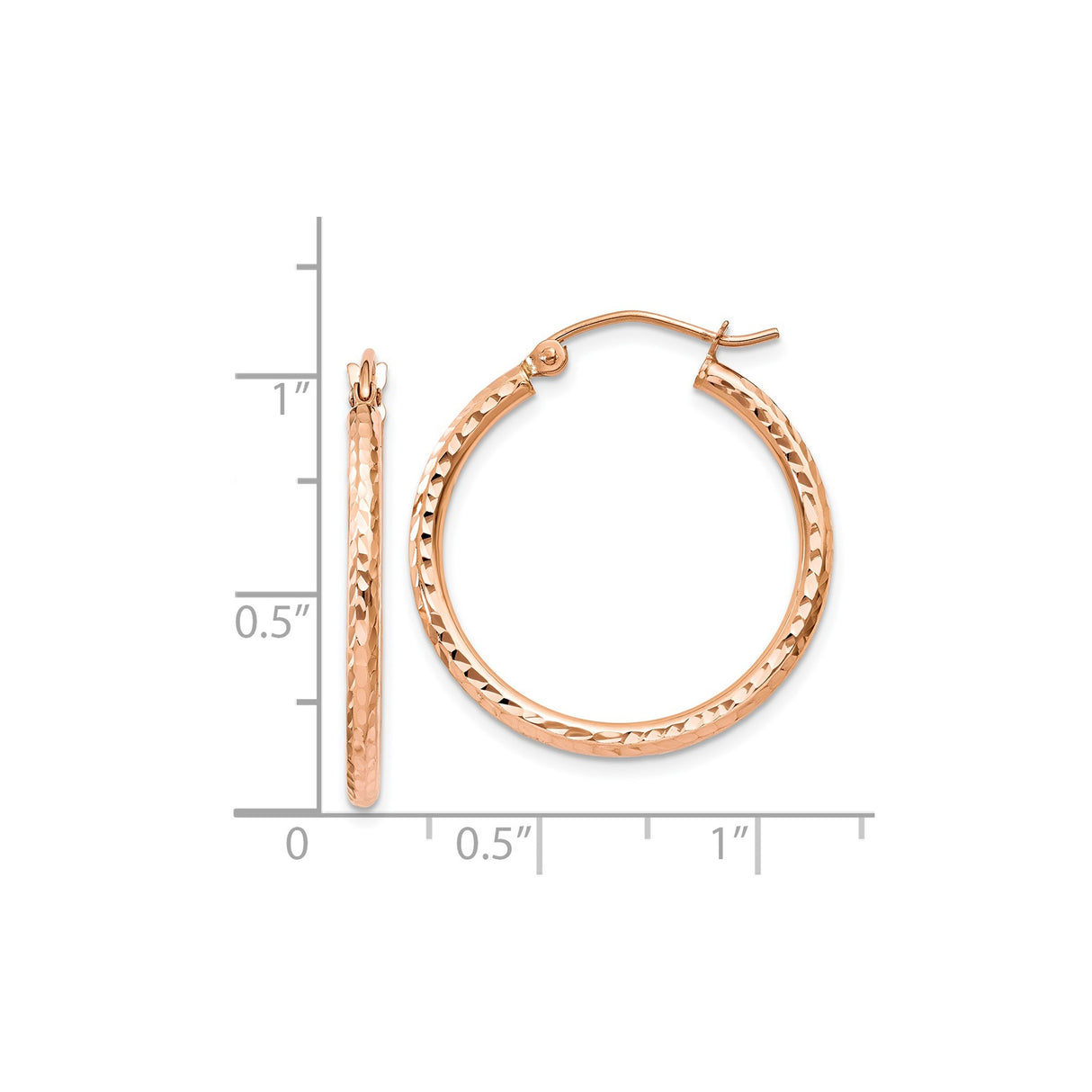 14k Rose Gold Hoop Earrings, Lightweight Textured Hammered Finish, Classic Minimal Style