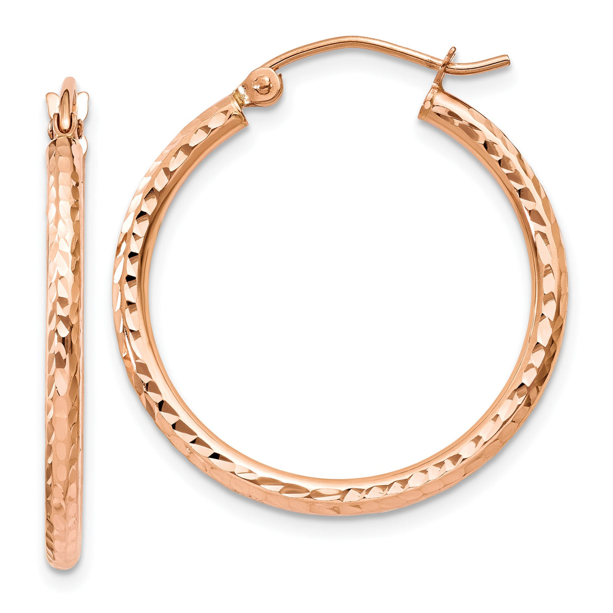 14k Rose Gold Hoop Earrings, Lightweight Textured Hammered Finish, Classic Minimal Style