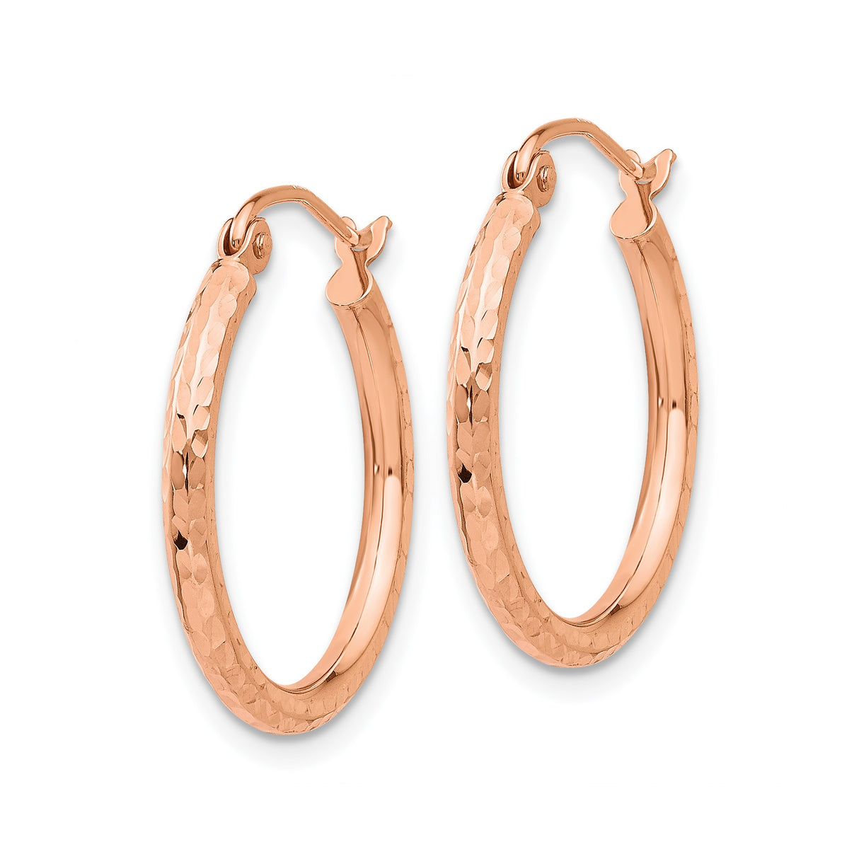 14k Rose Gold Hoop Earrings with Diamond Cut Hammered Finish, Lightweight Polished Round Design