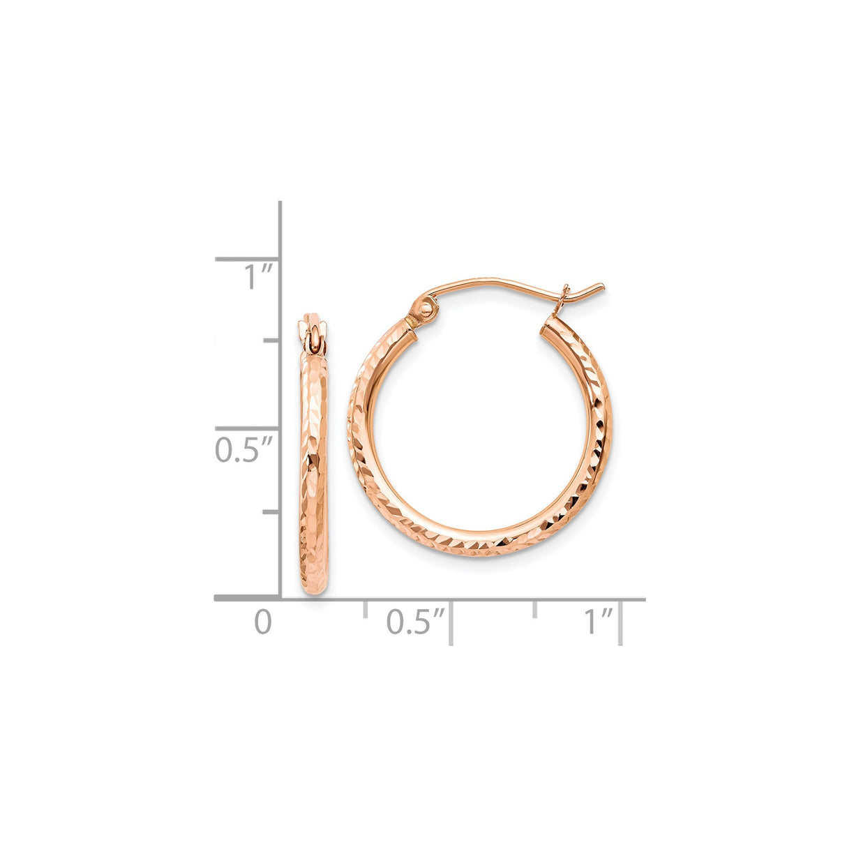 14k Rose Gold Hoop Earrings with Diamond Cut Hammered Finish, Lightweight Polished Round Design