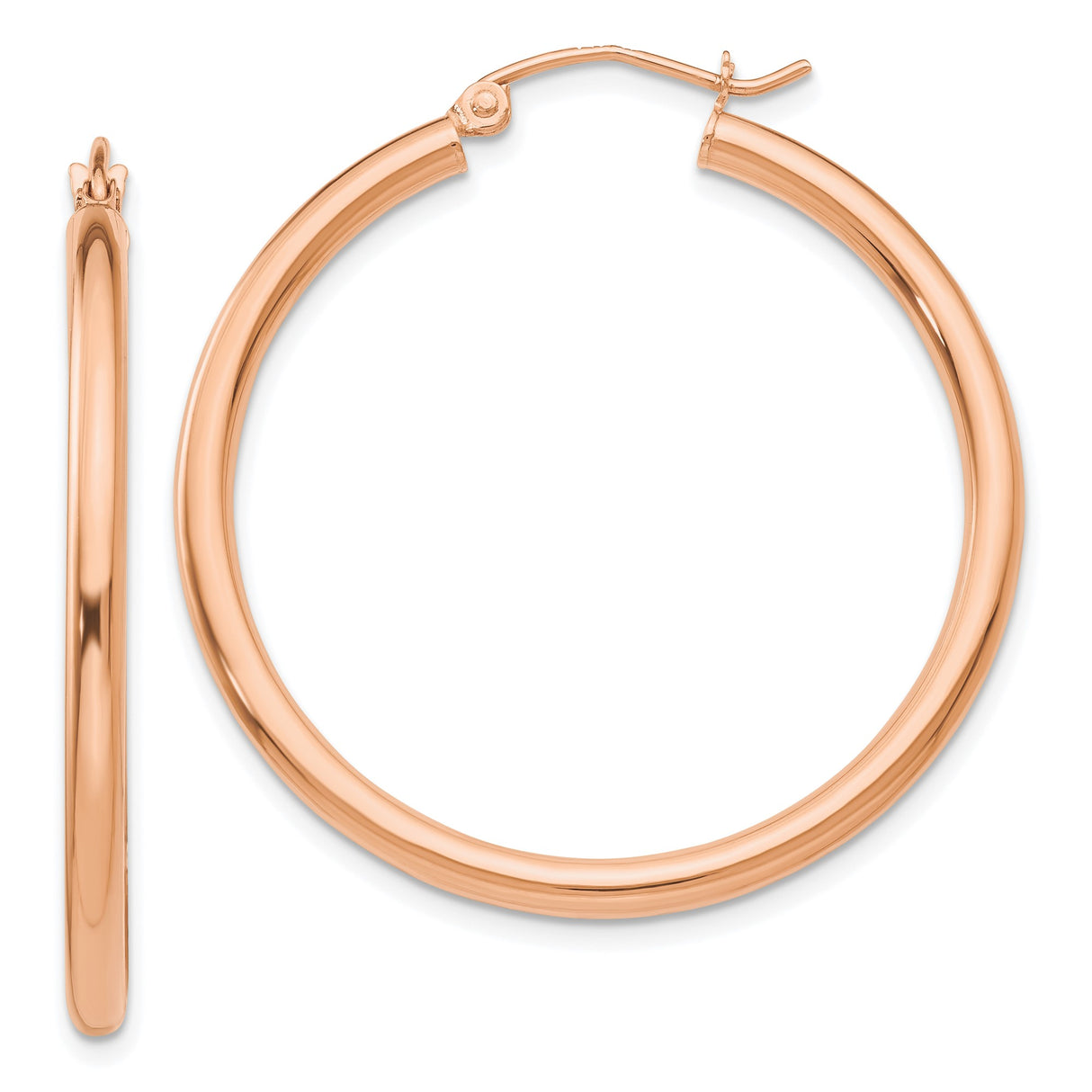 14k Rose Gold Hoop Earrings, Round Polished Hoops with Hinged Clasp, Minimalist Design for Women