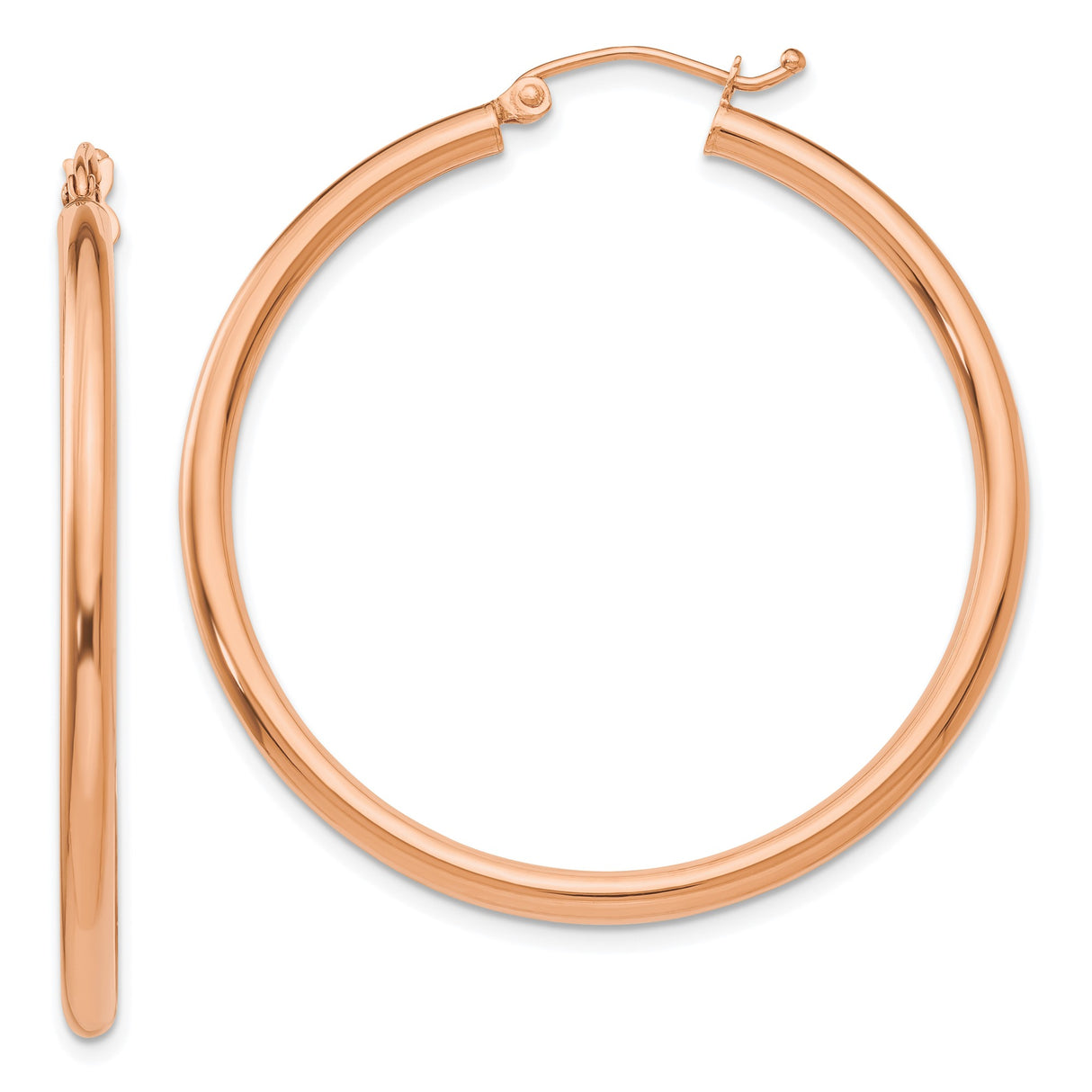 14k Rose Gold Hoop Earrings, Polished Finish Round Hoops with Hinged Closure for Women