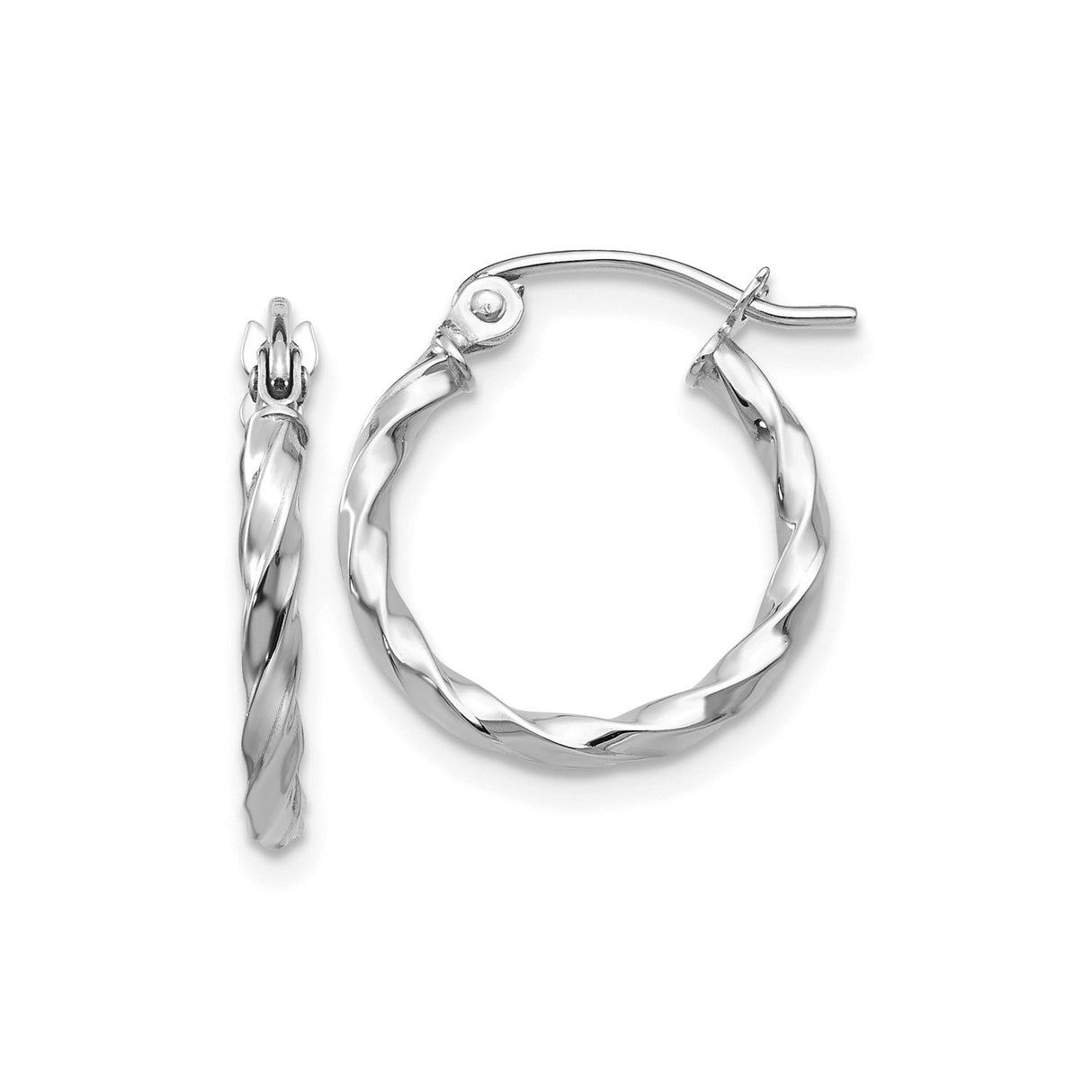 14k White Gold Twisted Hoop Earrings with Polished Rope Design, Lightweight Modern Style