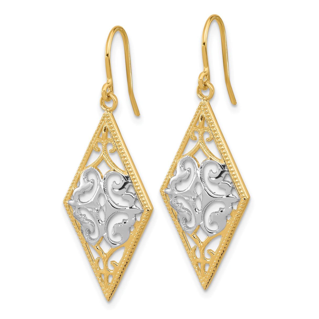 14k Yellow Gold Diamond-Shaped Dangle Earrings with Filigree Scroll Design