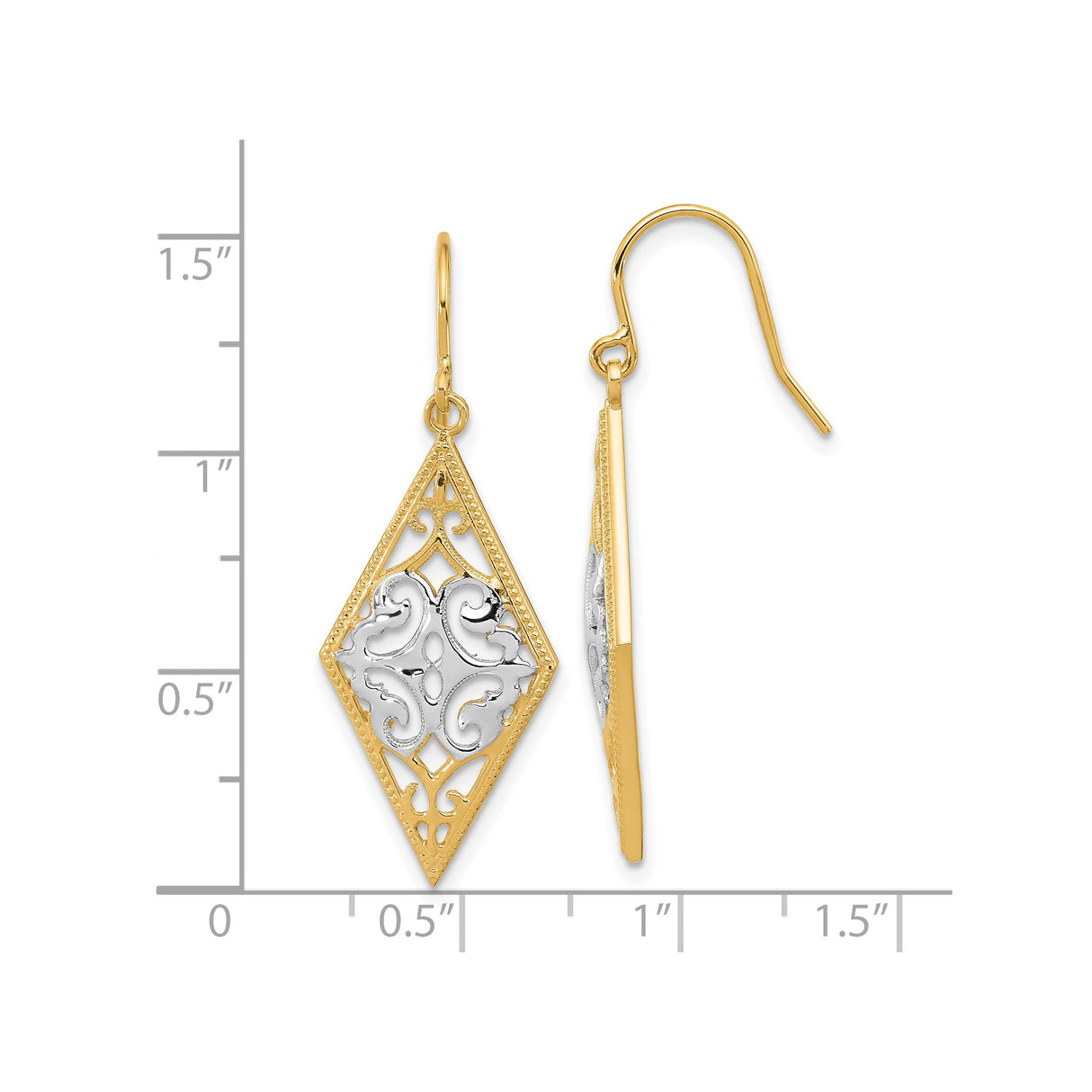 14k Yellow Gold Diamond-Shaped Dangle Earrings with Filigree Scroll Design