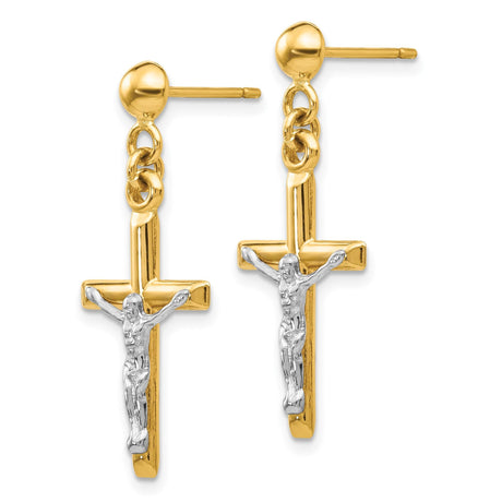 14k Yellow Gold Crucifix Cross Pendant in Two-Tone Finish, Christian Jesus Religious Charm