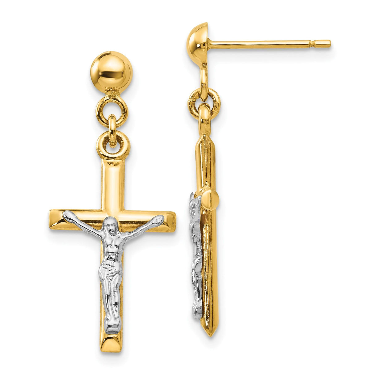 14k Yellow Gold Crucifix Cross Pendant in Two-Tone Finish, Christian Jesus Religious Charm