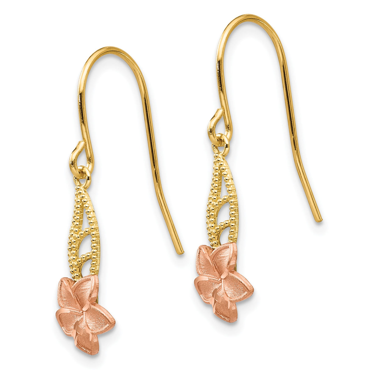 14k Two-Tone Gold Dangle Earrings with Rose Gold Flower and Yellow Gold Leaf Design