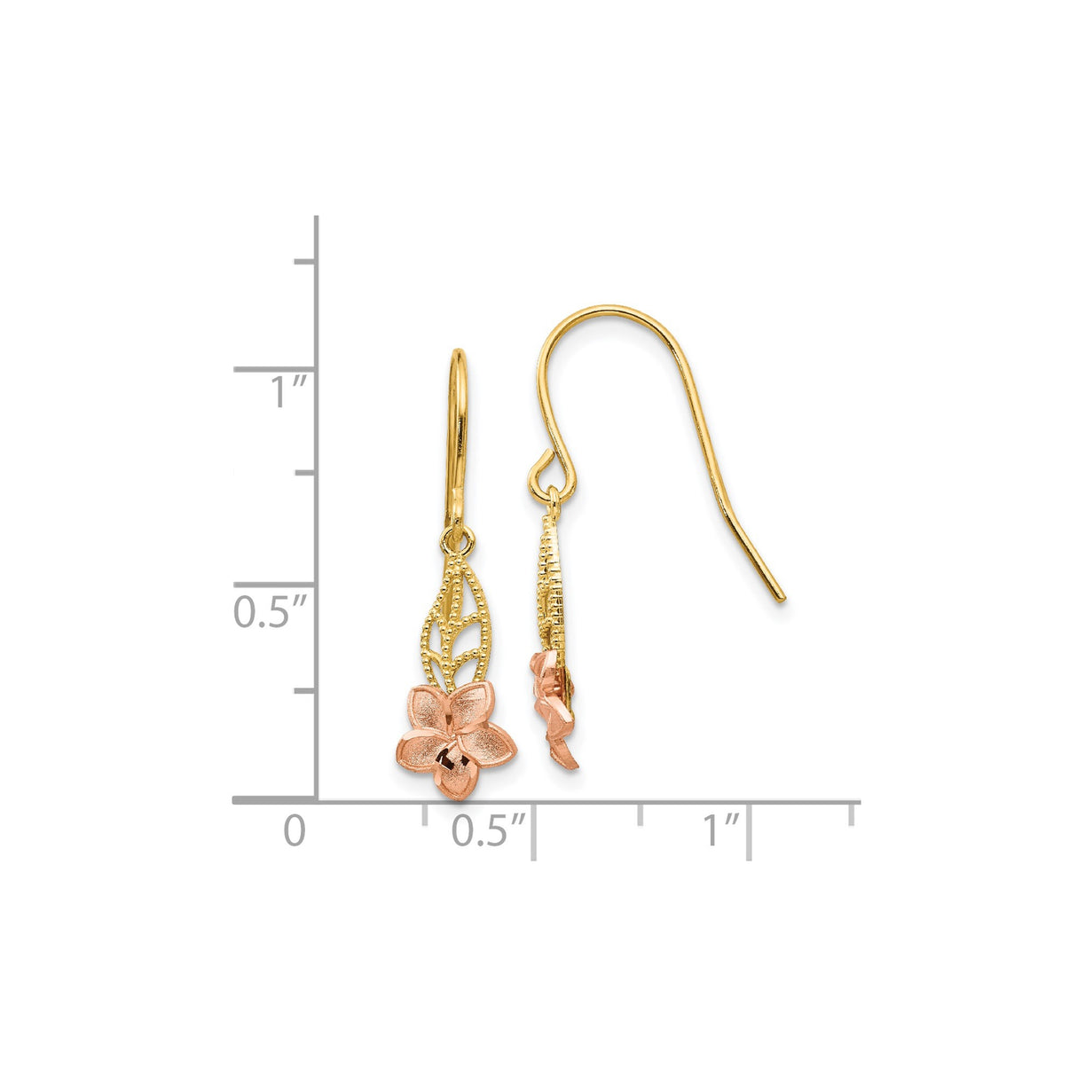 14k Two-Tone Gold Dangle Earrings with Rose Gold Flower and Yellow Gold Leaf Design