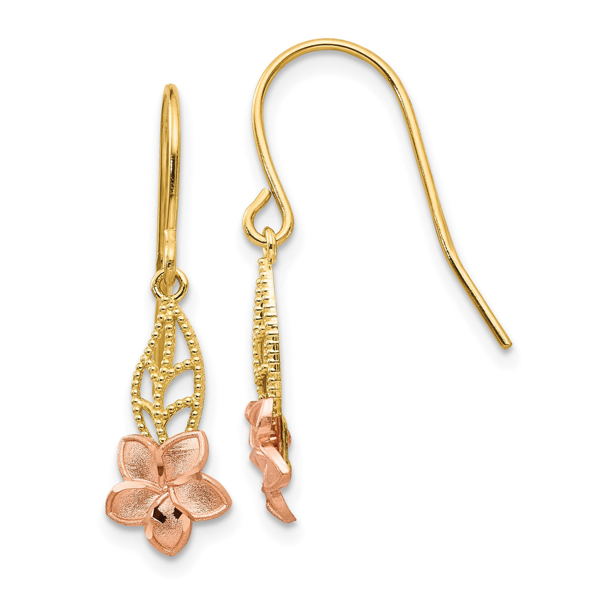 14k Two-Tone Gold Dangle Earrings with Rose Gold Flower and Yellow Gold Leaf Design