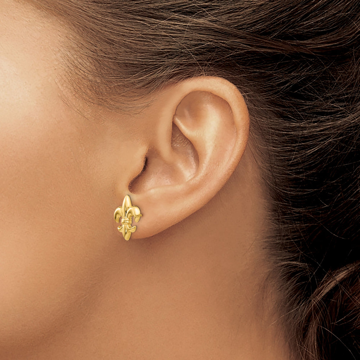 14k Yellow Gold Fleur de Lis Stud Earrings, Polished French Heritage Design for Women