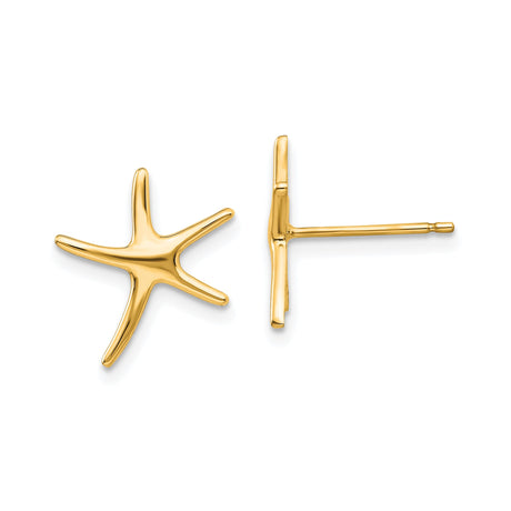 14k Yellow Gold Starfish Stud Earrings, Polished Ocean-Inspired Nautical Design for Women