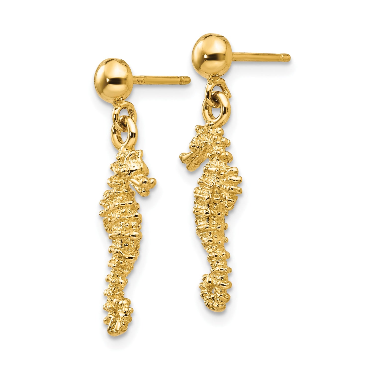 14k Yellow Gold Seahorse Dangle Earrings with Nautical Marine Life Theme for Women