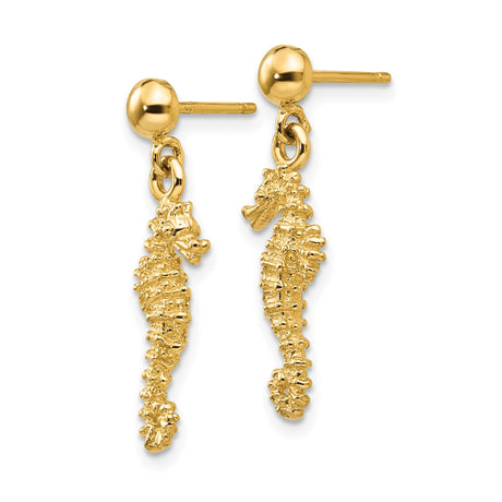 14k Yellow Gold Seahorse Dangle Earrings with Nautical Marine Life Theme for Women