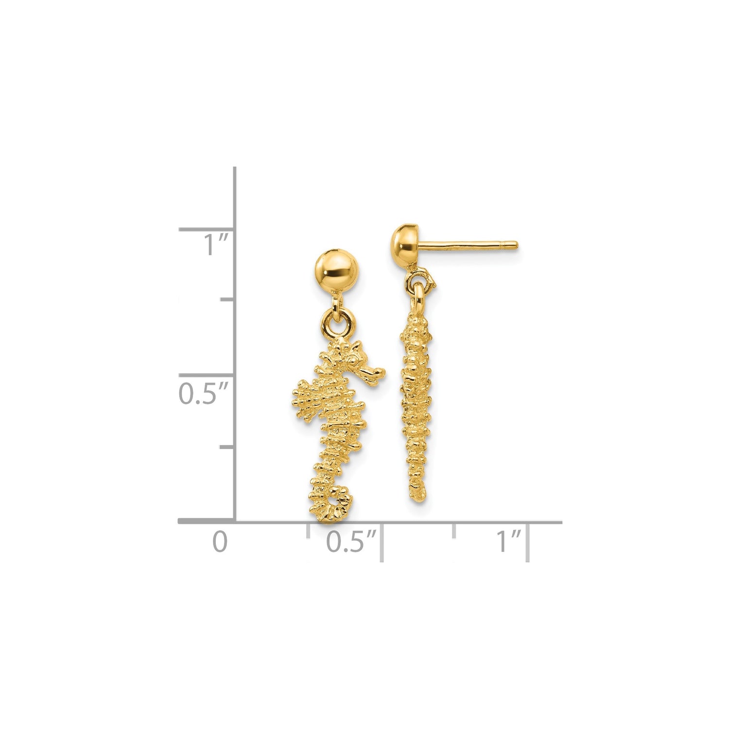 14k Yellow Gold Seahorse Dangle Earrings with Nautical Marine Life Theme for Women