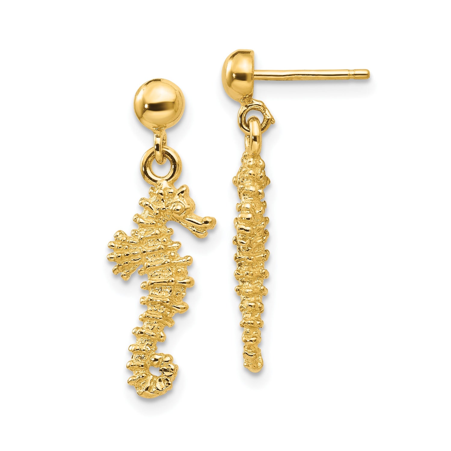 14k Yellow Gold Seahorse Dangle Earrings with Nautical Marine Life Theme for Women