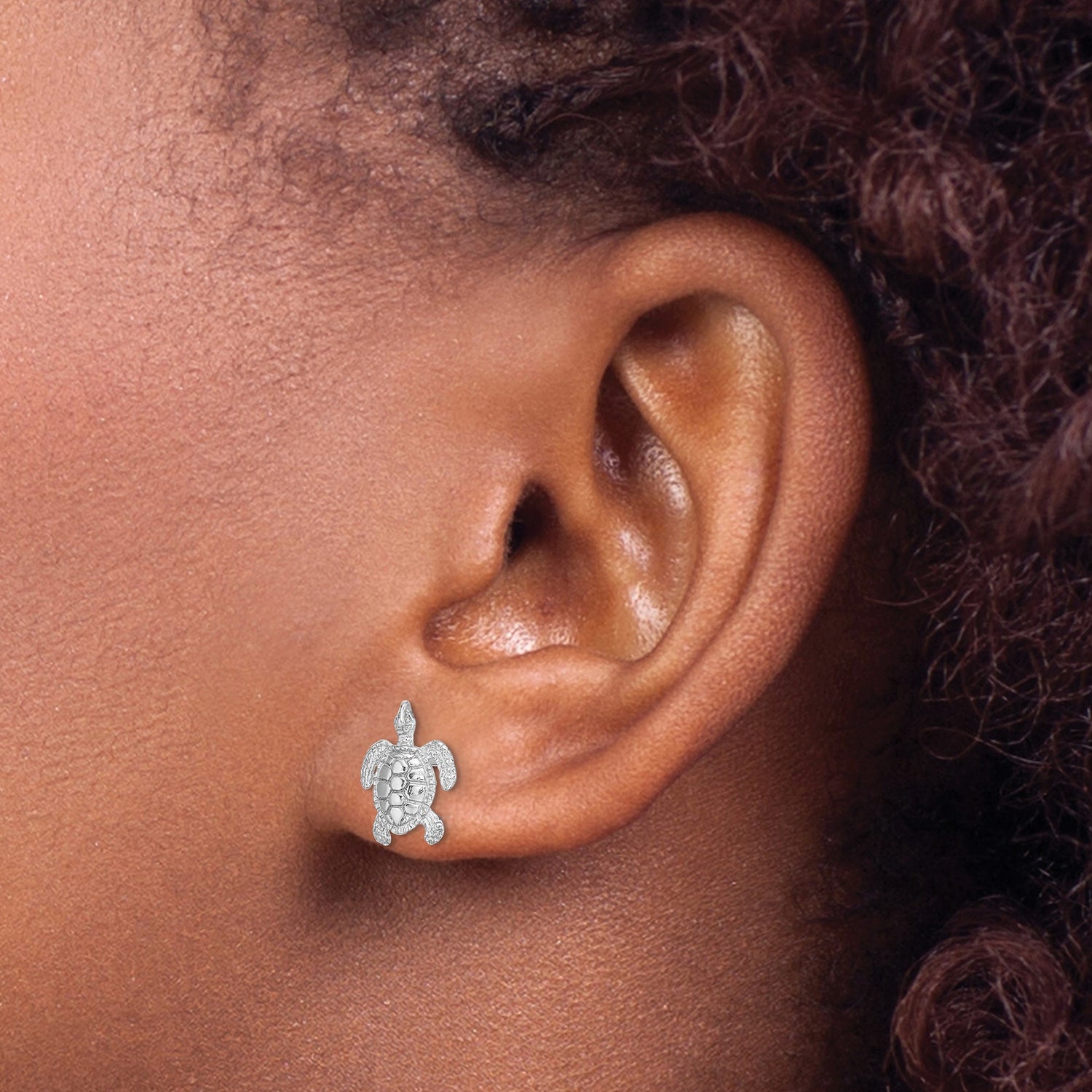 14k White Gold Sea Turtle Stud Earrings, Nature-Inspired Nautical Animal Design for Women