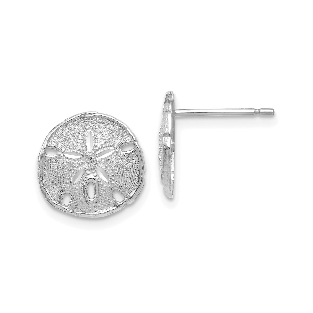14k White Gold Sand Dollar Stud Earrings, Textured Coastal Nautical Design for Women