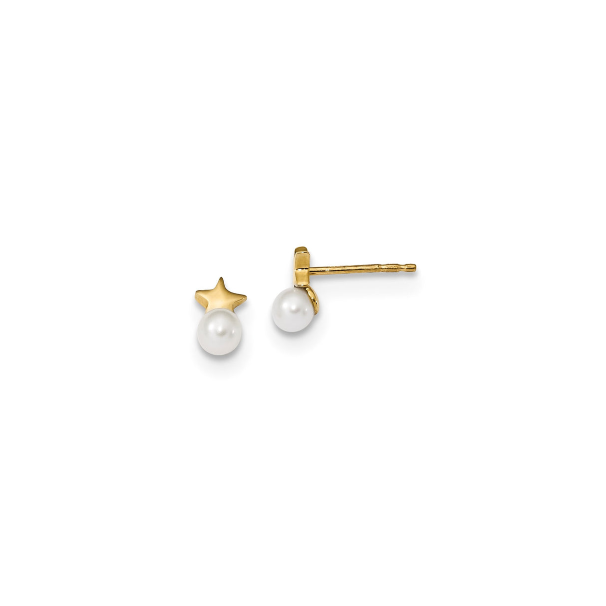 14k Yellow Gold Star Stud Earrings with White Pearl Accents, Celestial Mini Star Design