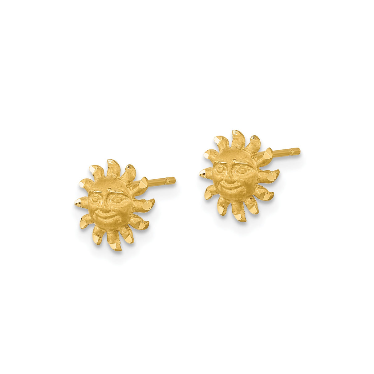 14k Yellow Gold Sun Face Stud Earrings, Celestial Motif, Boho Festival Style