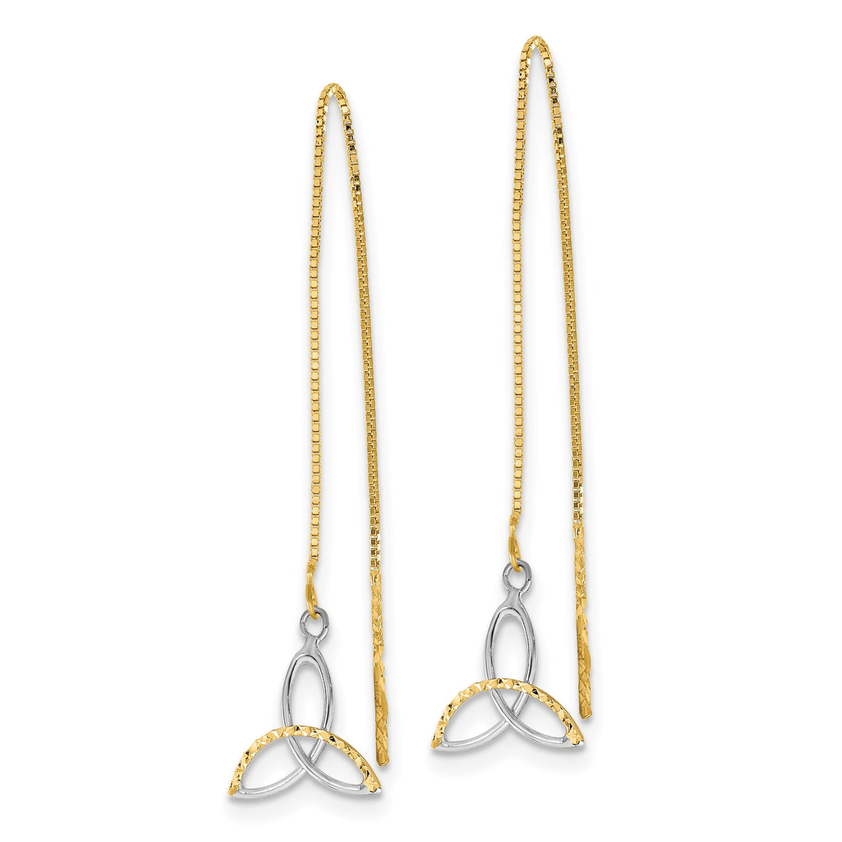 14k Yellow Gold Celtic Trinity Knot Threader Earrings, Two-Tone Dangle Design