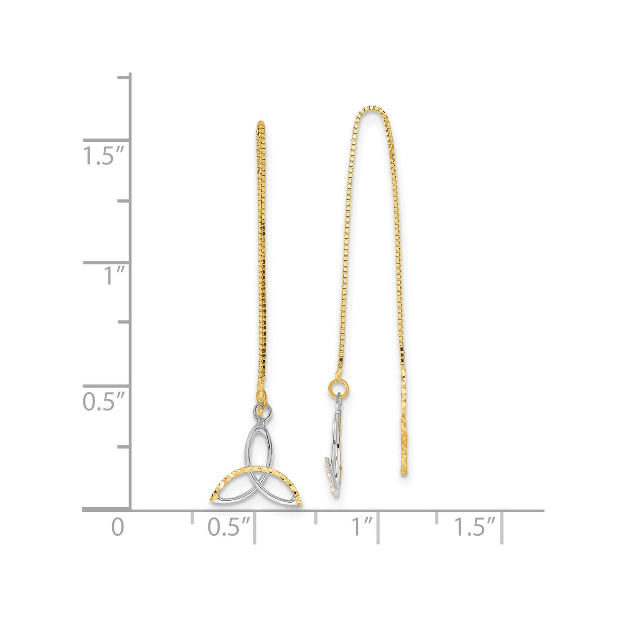 14k Yellow Gold Celtic Trinity Knot Threader Earrings, Two-Tone Dangle Design