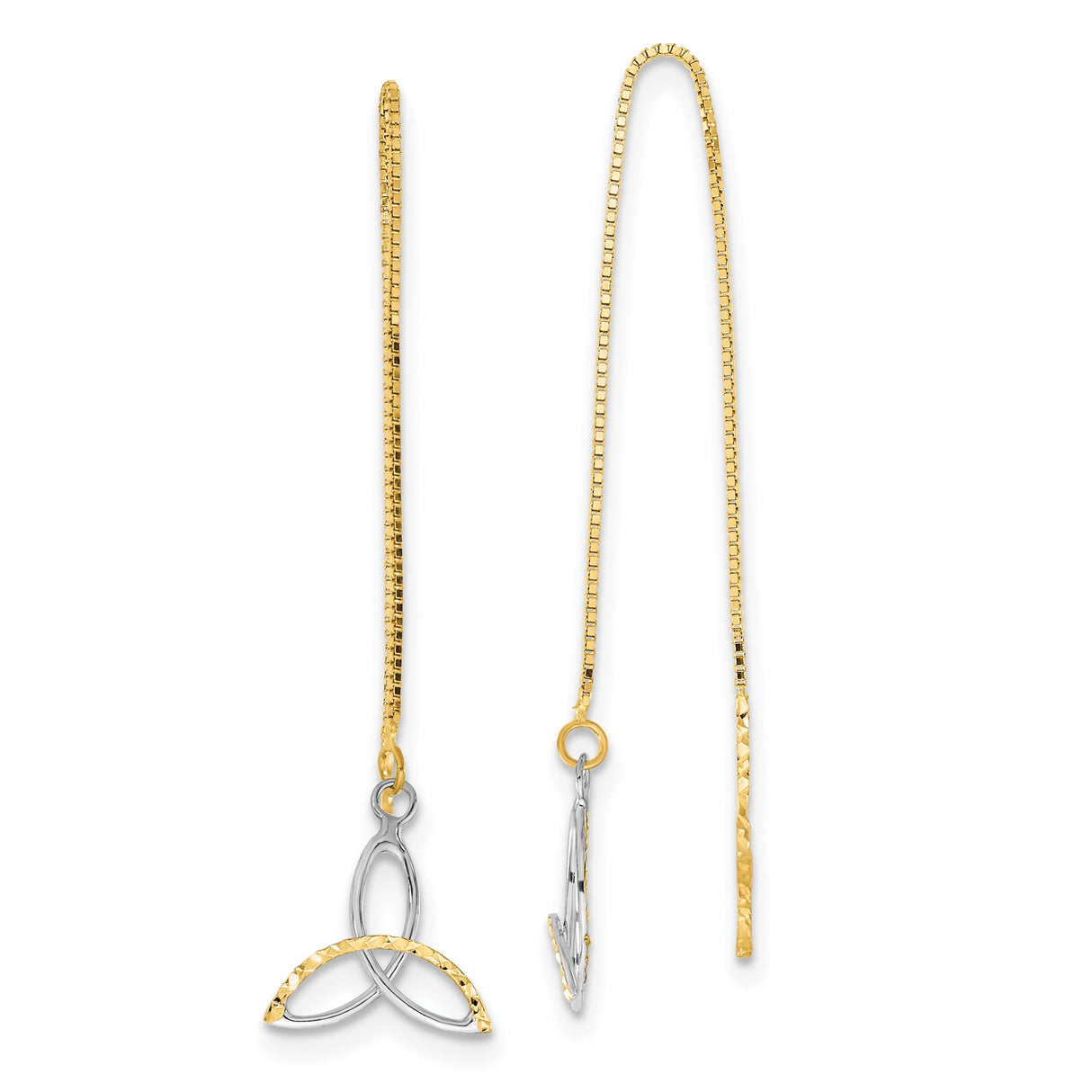 14k Yellow Gold Celtic Trinity Knot Threader Earrings, Two-Tone Dangle Design