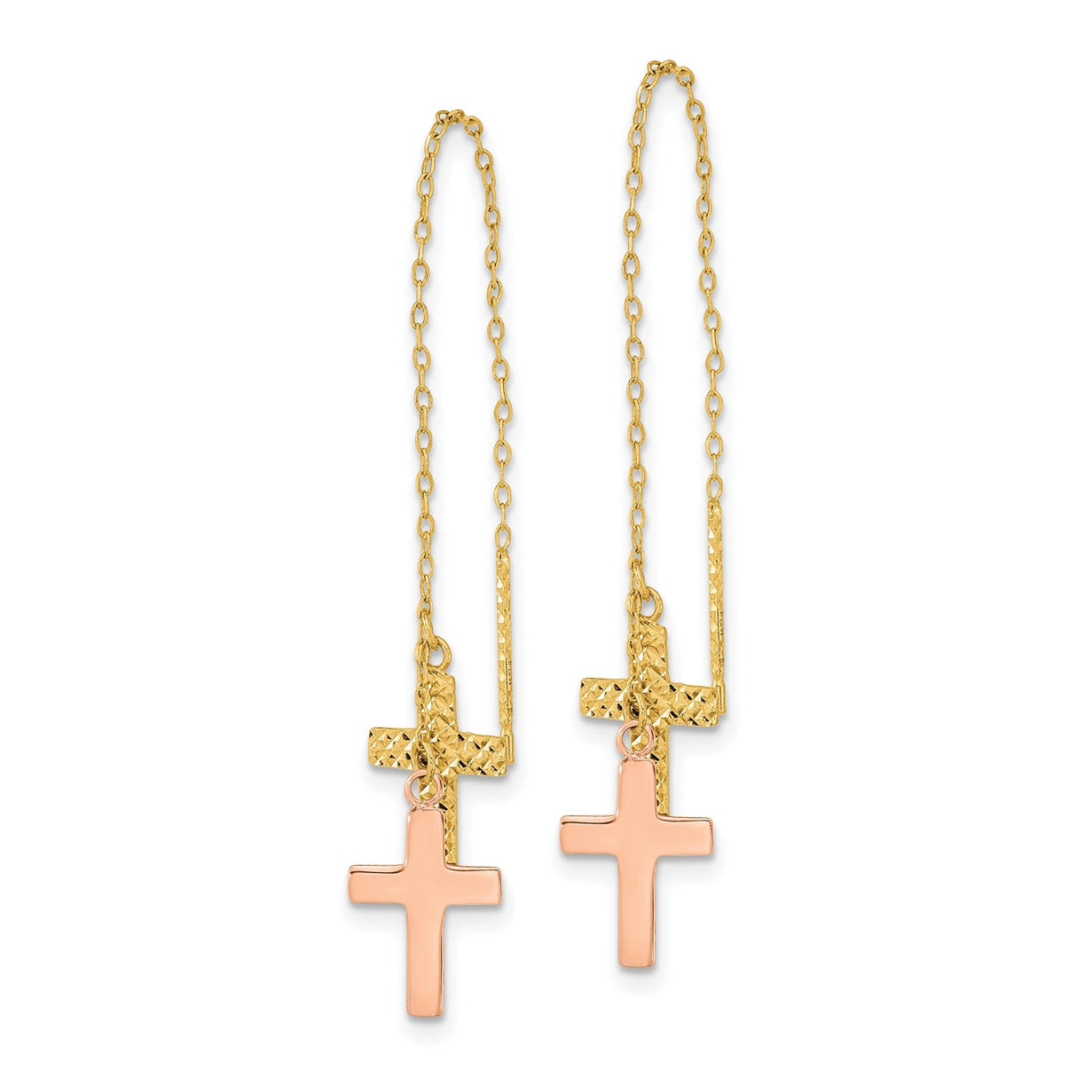 14k Two-Tone Gold Threader Earrings with Dual Cross Charms, Polished and Textured Finish
