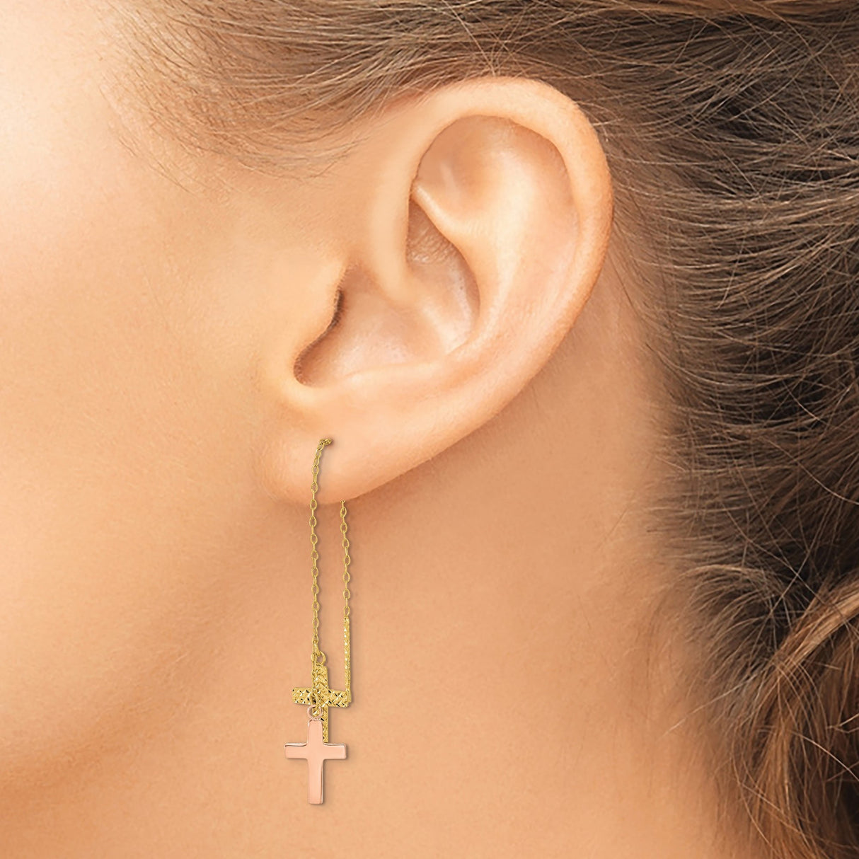 14k Two-Tone Gold Threader Earrings with Dual Cross Charms, Polished and Textured Finish