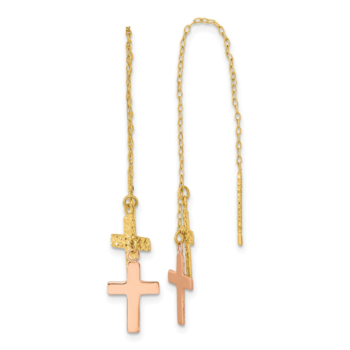 14k Two-Tone Gold Threader Earrings with Dual Cross Charms, Polished and Textured Finish