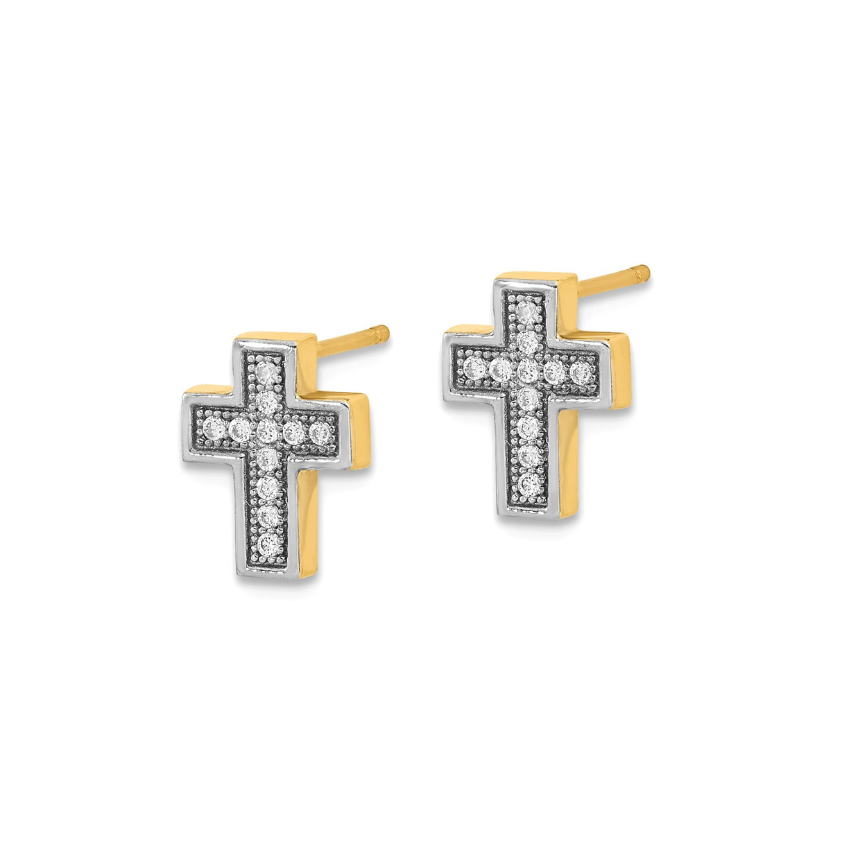 14k Yellow Gold Cross Stud Earrings with Cubic Zirconia, Two-Tone Faith Design for Women