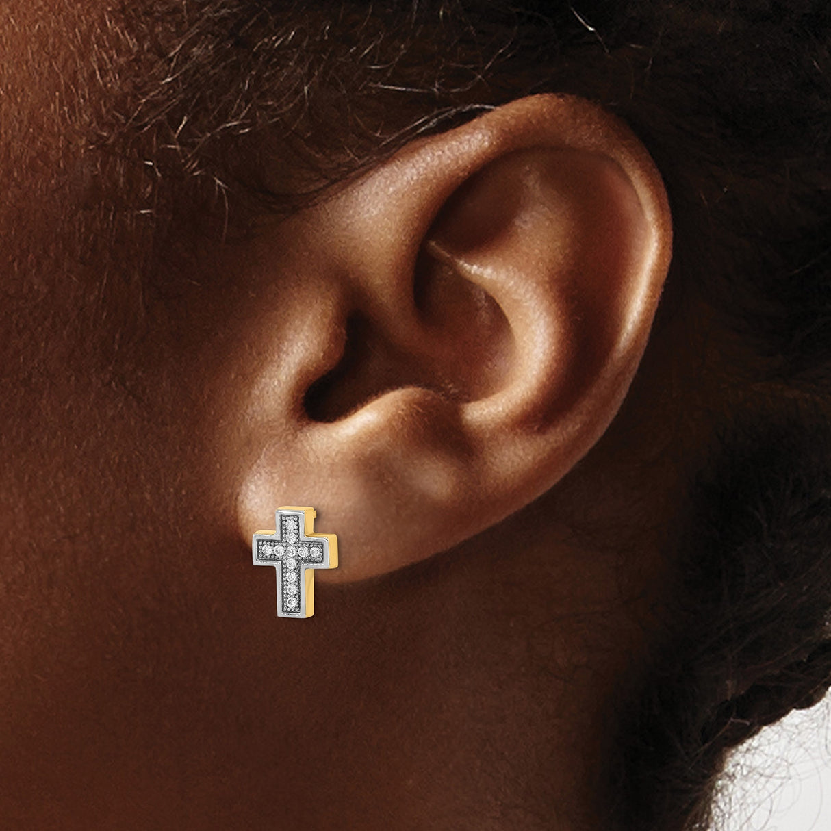 14k Yellow Gold Cross Stud Earrings with Cubic Zirconia, Two-Tone Faith Design for Women