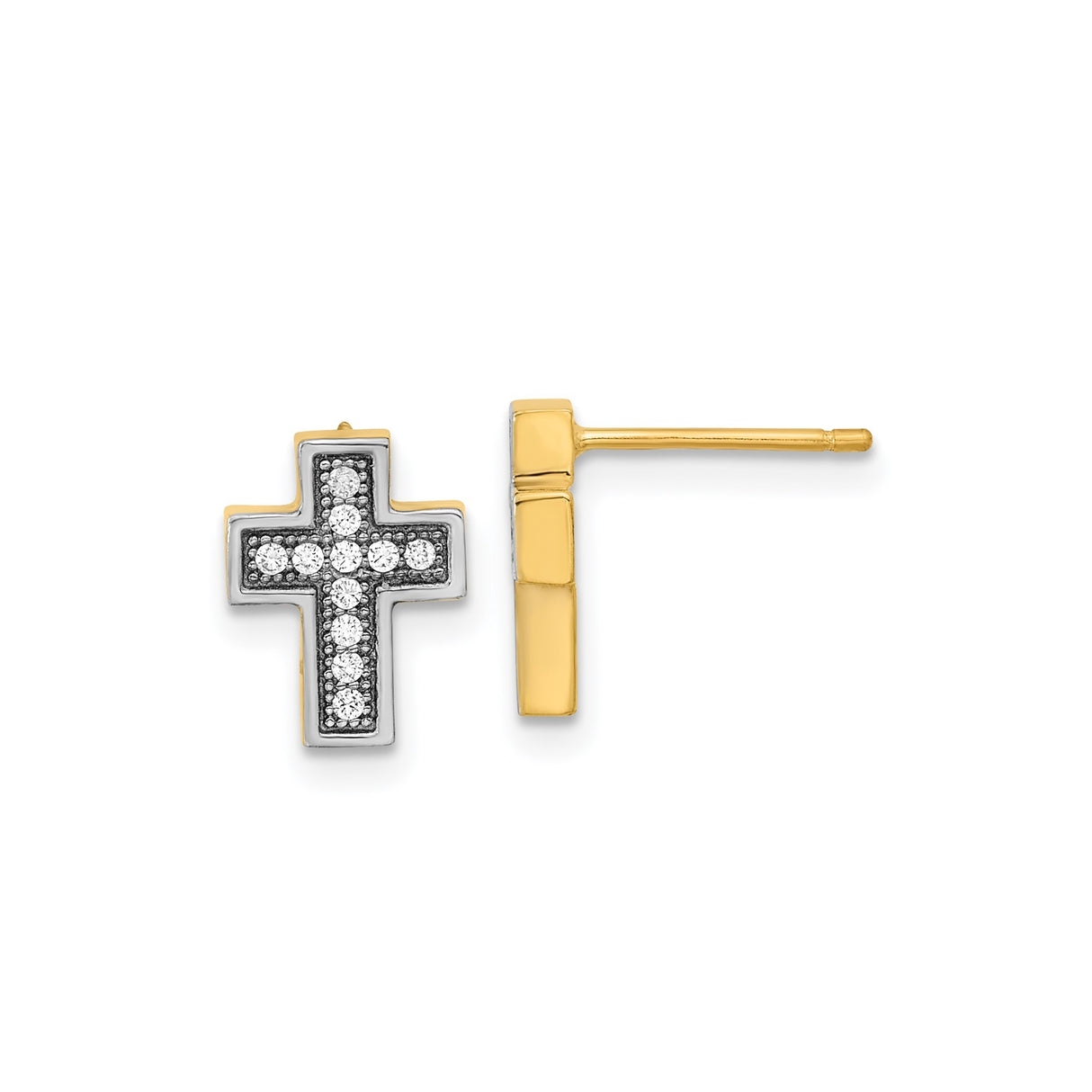 14k Yellow Gold Cross Stud Earrings with Cubic Zirconia, Two-Tone Faith Design for Women
