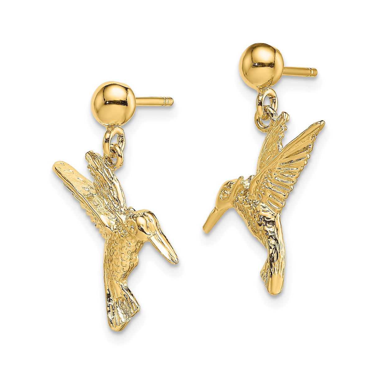 14k Yellow Gold Dangle Earrings with Hummingbird Charms, Nature Inspired Bird Jewelry