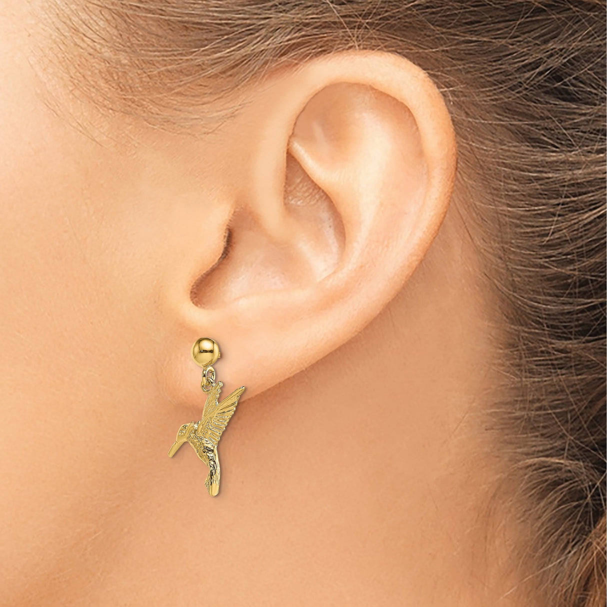 14k Yellow Gold Dangle Earrings with Hummingbird Charms, Nature Inspired Bird Jewelry