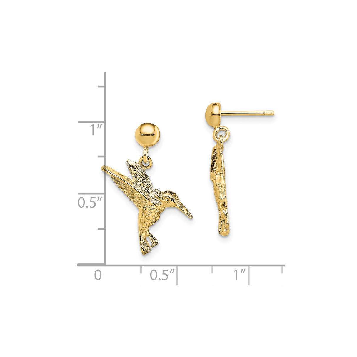 14k Yellow Gold Dangle Earrings with Hummingbird Charms, Nature Inspired Bird Jewelry