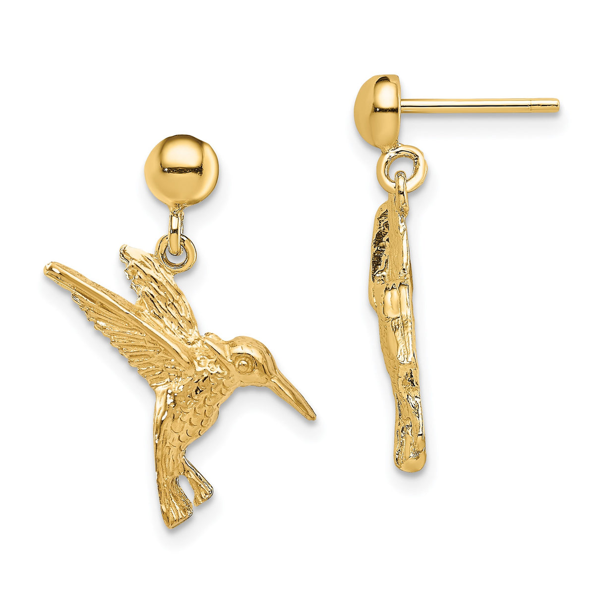 14k Yellow Gold Dangle Earrings with Hummingbird Charms, Nature Inspired Bird Jewelry